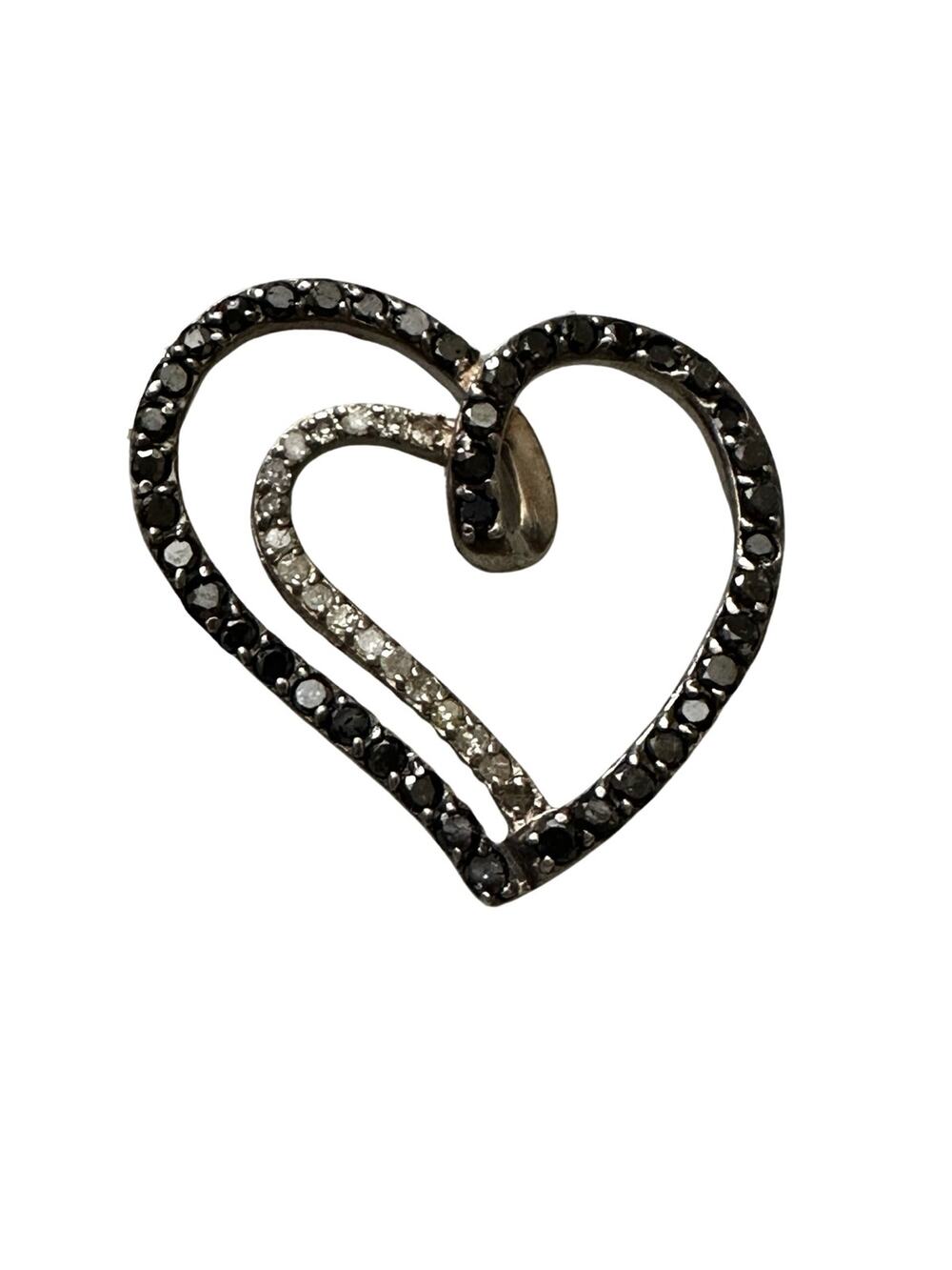 Sterling Silver Heart Pendant with Black Rhinestones and Cubic Zirconia